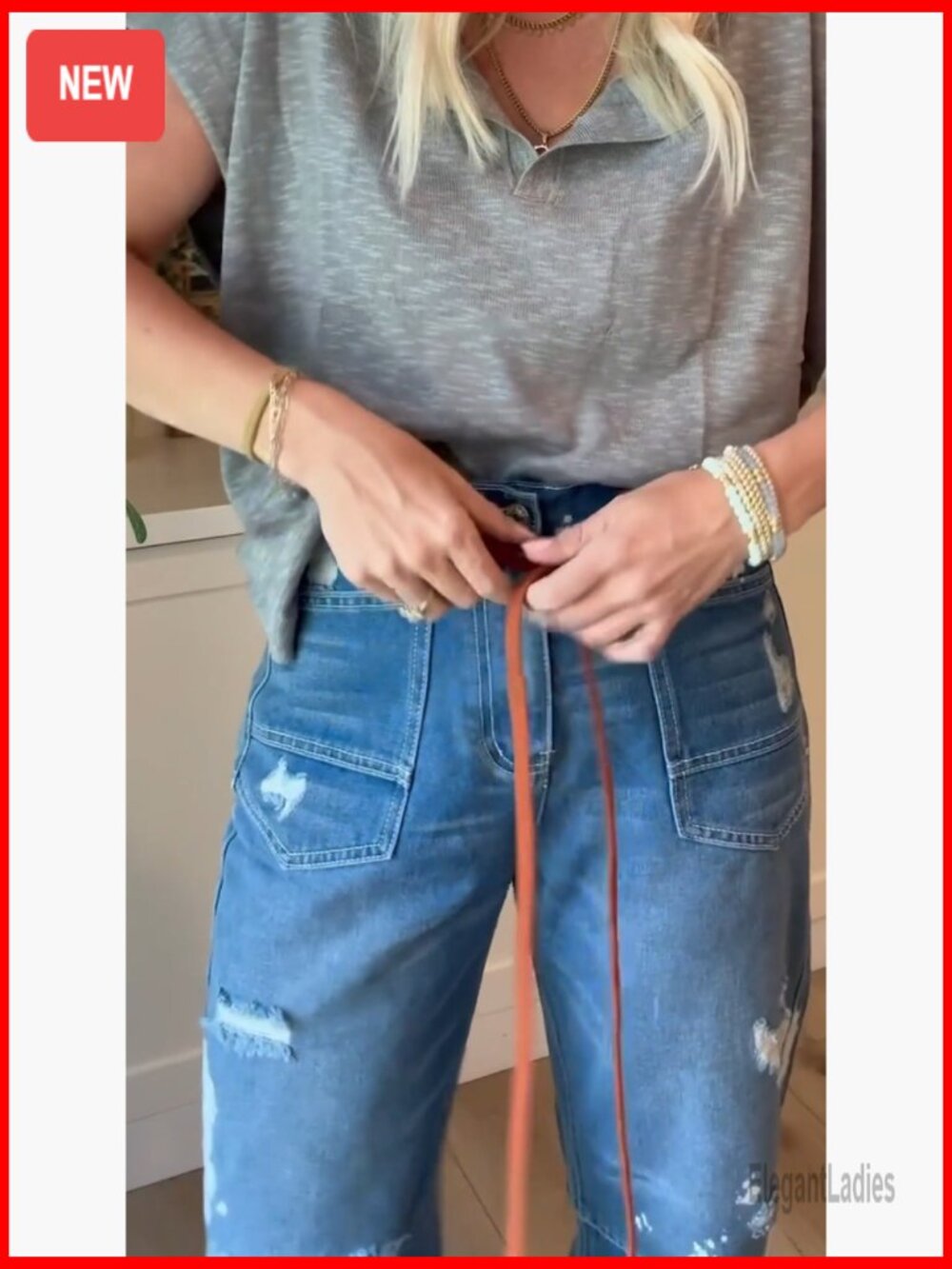 Wide Leg Barrel Jeans Mid Rise Drawstring Boyfriend Fit Denim Pants - Picture 5 of 7